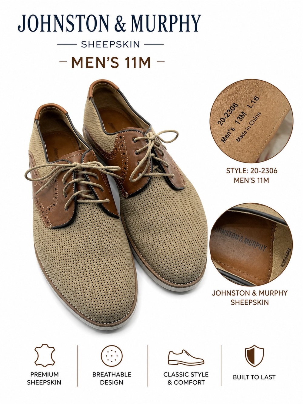 Johnston & Murphy Sheepskin Suede Wingtip Oxfords Men’s 13M Tan Brown